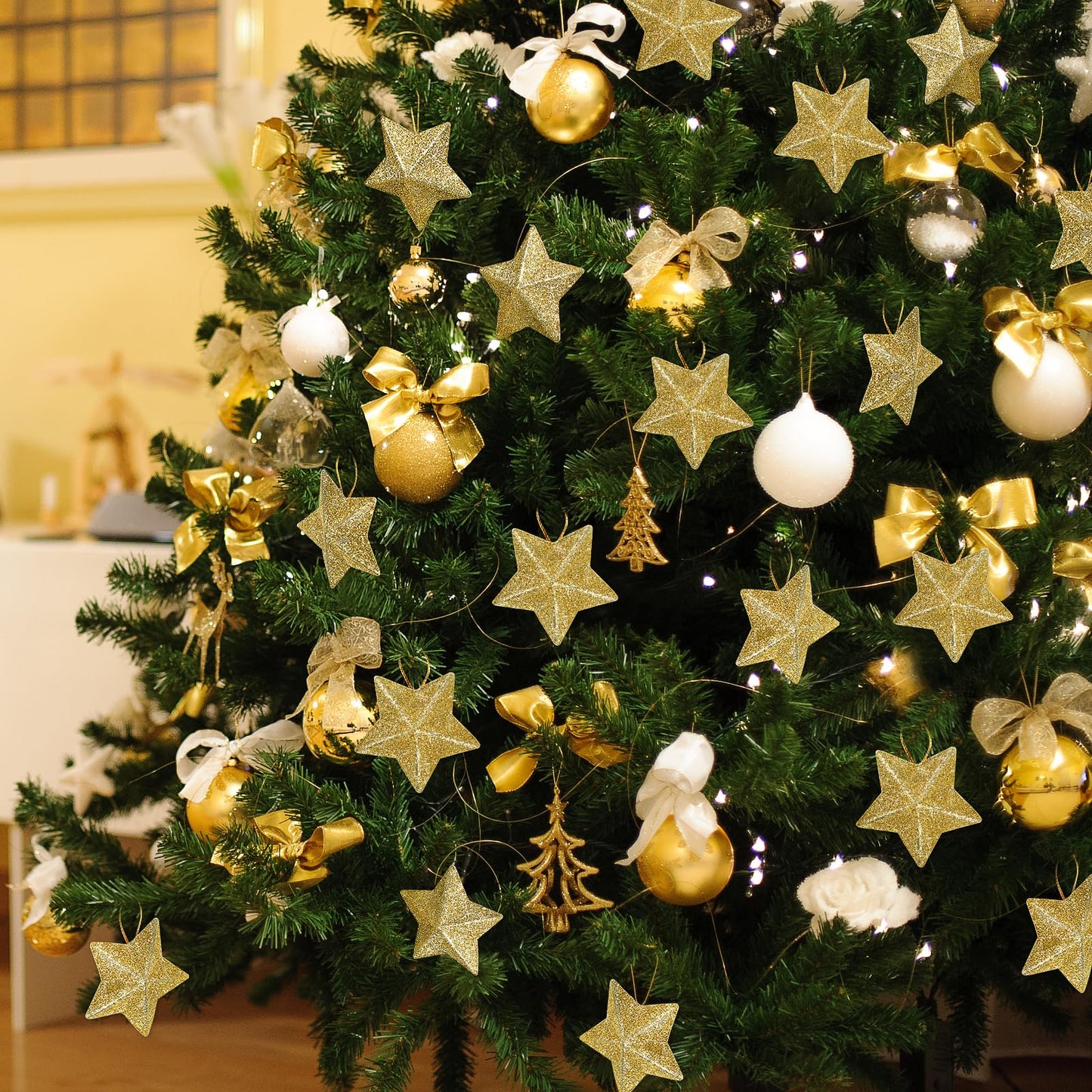 DEARMAMY 30 Pcs Gold Glitter Star Ornaments Christmas Tree Pendant Mini Hanging Stars Mini Gold Glitter Pendant Xmas Tree Ornament 3D for Christmas