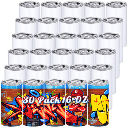 Potchen 30 Pack 16 Oz Sublimation Tumblers Bulk Blanks Straight Skinny Tumblers with Lids Sublimation Cups Stainless Steel Double Wall Vacuum Insulated Mugs DIY Gift Heat Press Machine