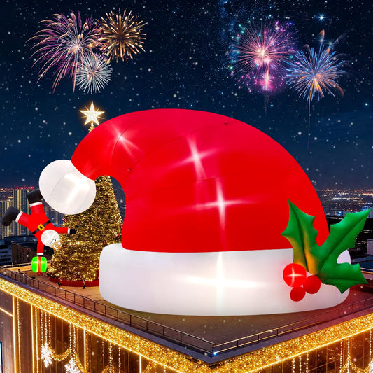Kalolary 20FT Christmas Inflatable Outdoor Decorations, Giant Santa Hat Blow Up Yard Decorations with Build in LED Lights Hanging Santa Claus Inflatable for Outdoor Garden Lawn Square Shopping Mall