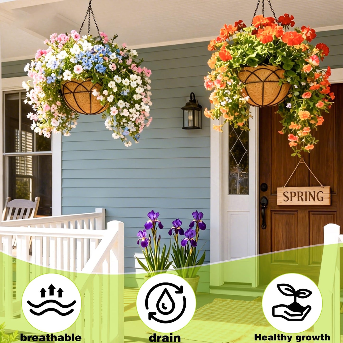 JFFLYIT 4 Pack 14 Inch Black Wire Hanging Planter with Coir Fiber Outdoor Round Hanging Basket with Metal Chain for Balcony Porch Farmhouse Country Style Garden Decor (Lotus Pattern)