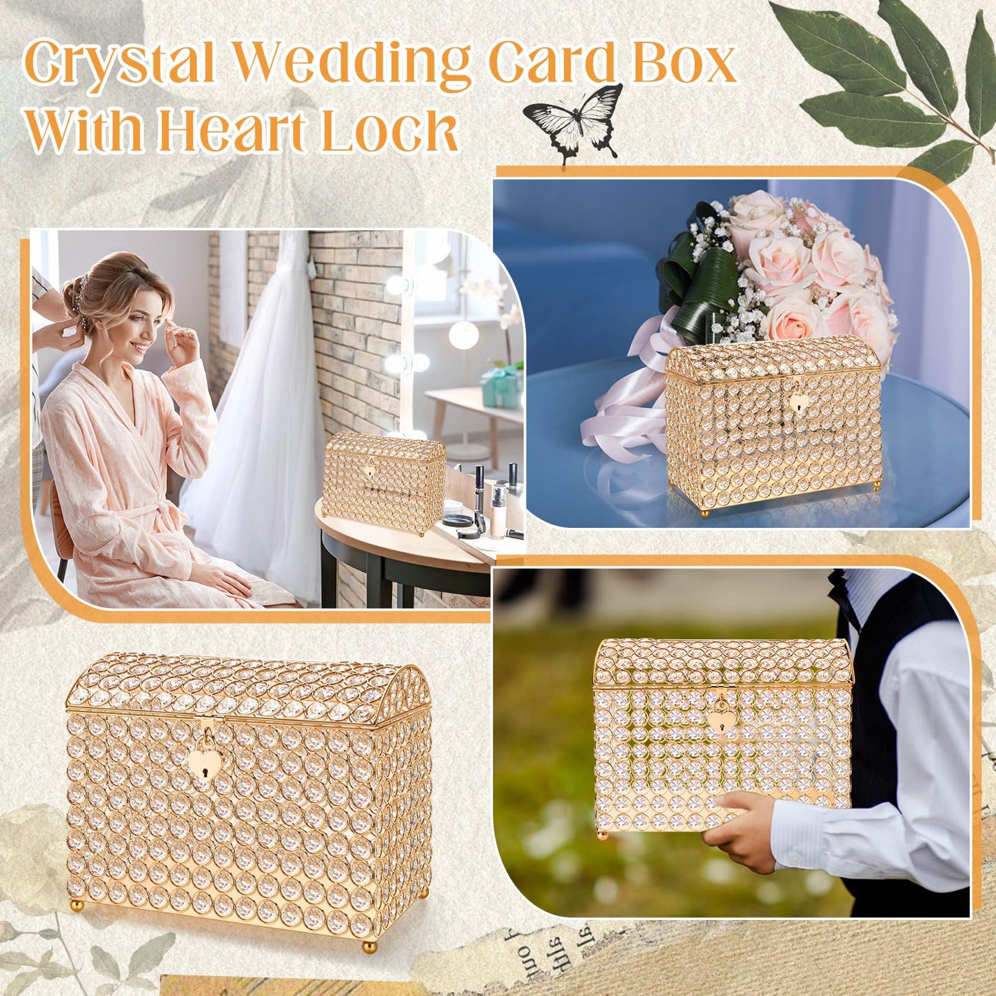 Nitial Crystal Wedding Card Box with Heart Lock 11in Wedding Money Box Treasure Chest Gold Bead Card Receiving Memory Storage for Reception Brithday Graduation Baby Shower Party (Elegant Style)