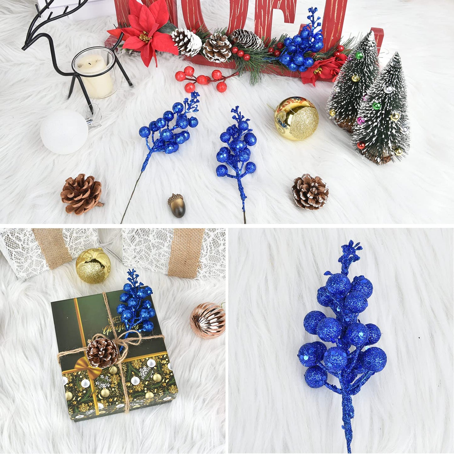 Lvydec 16pcs Christmas Glitter Berry Stems, 7.8" Artificial Christmas Picks for Christmas Tree Ornaments, DIY Xmas Wreath, Crafts, Holiday and Home Decor (Dark Blue)