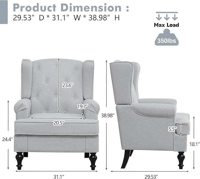 Accent Chair for Living Room, Mid Century Modern Upholstered Armchair, Wingback