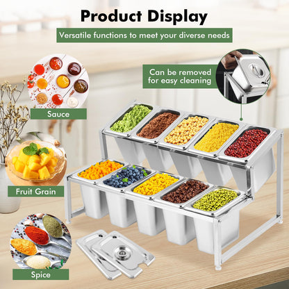 Meticuloso Expandable Spice Rack Stainless Steel Organizer Shelf for Sauce Ingredients Fruits, for Kitchen Pantry Use,10 Spoons,10 Lids&10 Buckets
