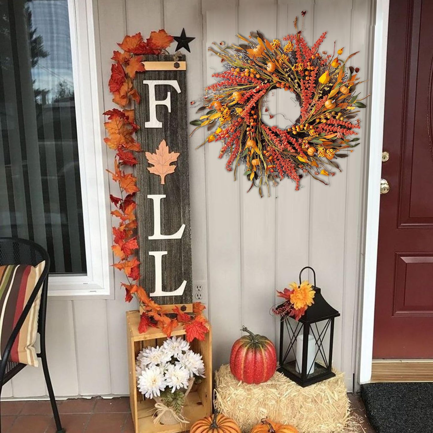 WANNA-CUL 24In Fall Harvest Wreath for Front Door Autumn Thanksgiving Decor