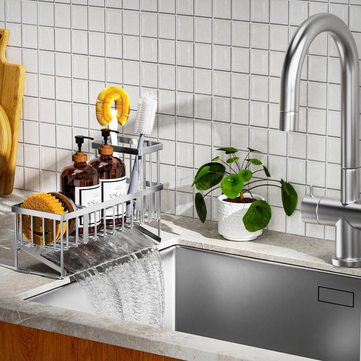 Cisily Kitchen Sink Caddy Organzier with High Brush Holder, Sponge Holder for Sink, 304 Rustproof Stainless, Kitchen Countertop Soap Dispenser Organizer, Kitchen Decor and Accessories