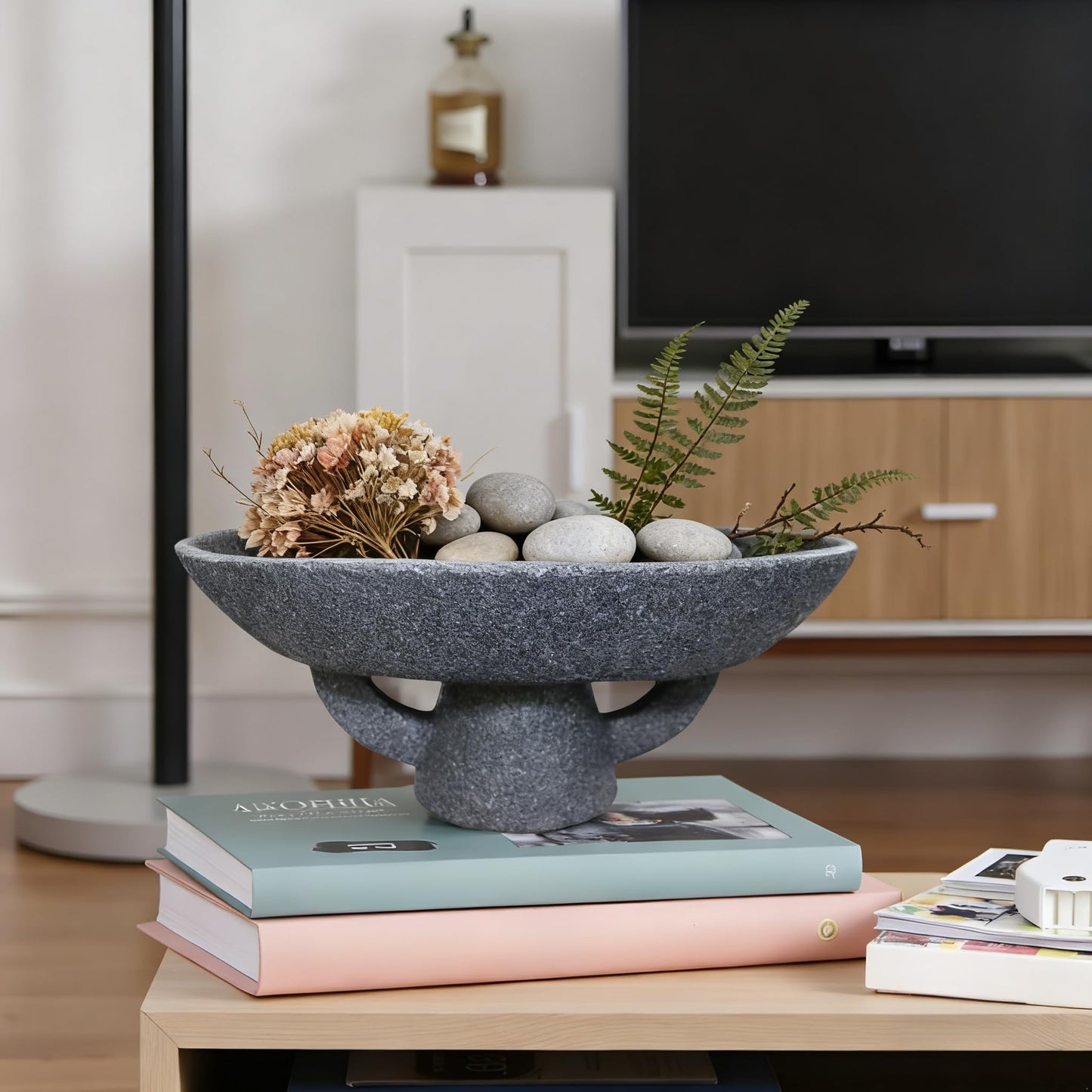 Boho Modern Decorative Bowl decor - Multi functional modern home Pedestal decoration bowl,Handicraft Bowls,Stylish Key Bowl for Entry Table,Fruit Bowls for Kitchen Counter,Artificial Stone Black