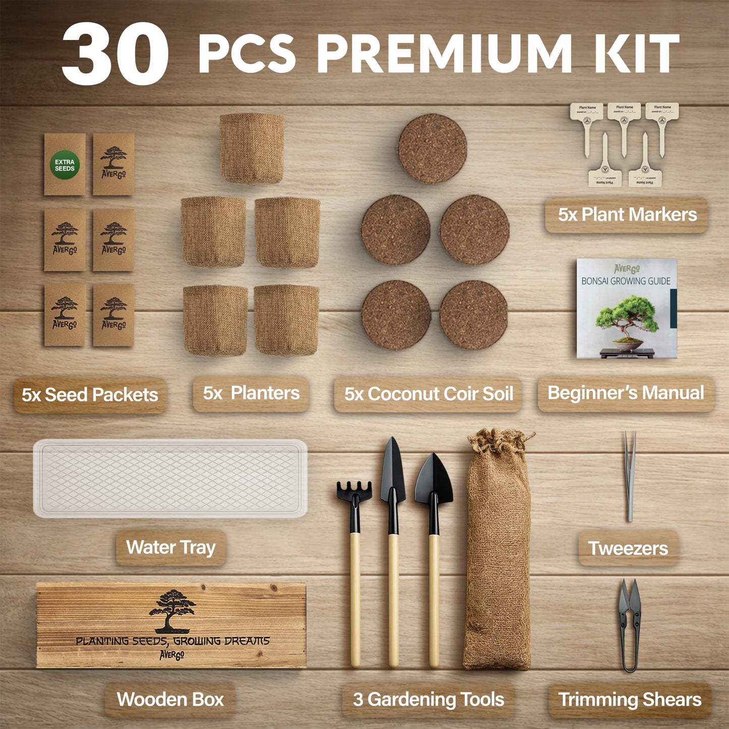 AVERGO Bonsai Tree Kit Deluxe - 5X Unique Japanese Bonzai Trees | Complete Indoor Bonsai Starter Kits from Seeds to Trees – DIY Gardening Gifts for Mother's Day, Women & Men