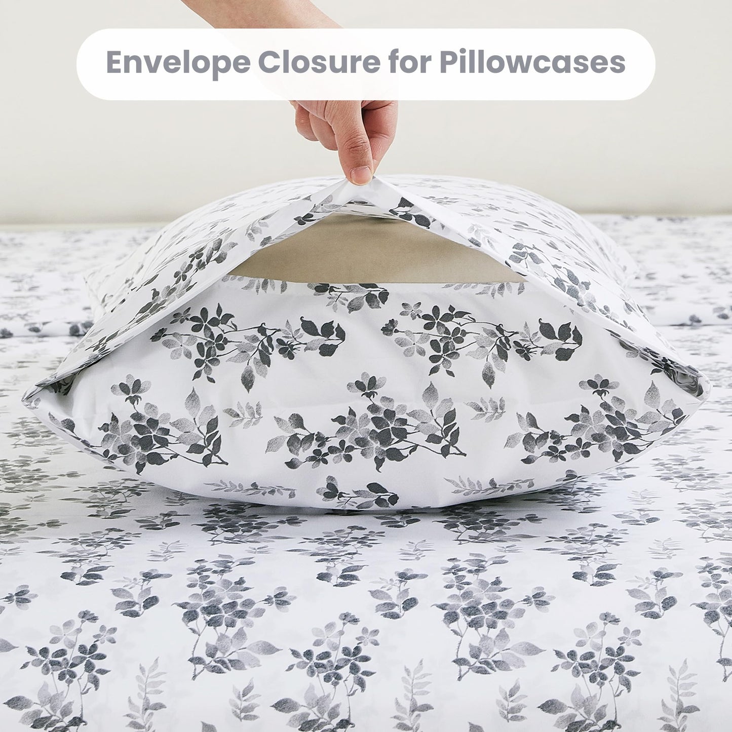 Mooreeke Cozy Vintage Microfiber Printed Queen Sheet Set - Soft Breathable Percale Cotton Floral Bed Sheets with Deep Pocket - Non-Slip Fitted Design - Gradient Grey Small Flowers Pattern