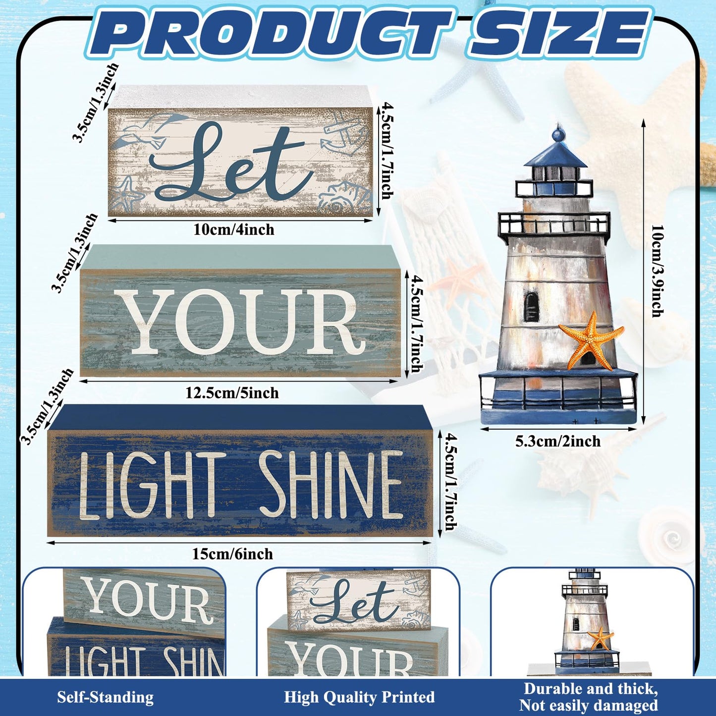 Lineshading 4 Pcs Beach Coastal Table Decor Wooden Lighthouse Decoration with Starfish Summer Tiered Tray Decor Blue and White Ocean Centerpieces Rustic Beach House Nautical Decorations for Home Shelf