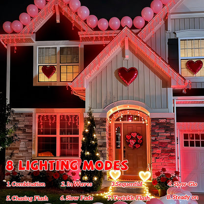YEGUO 33ft 400 LED Red Icicle Lights for Valentine’s Day, Icicle Christmas Lights with 8 Modes, Connectable Icicle String Lights with Memory Timer