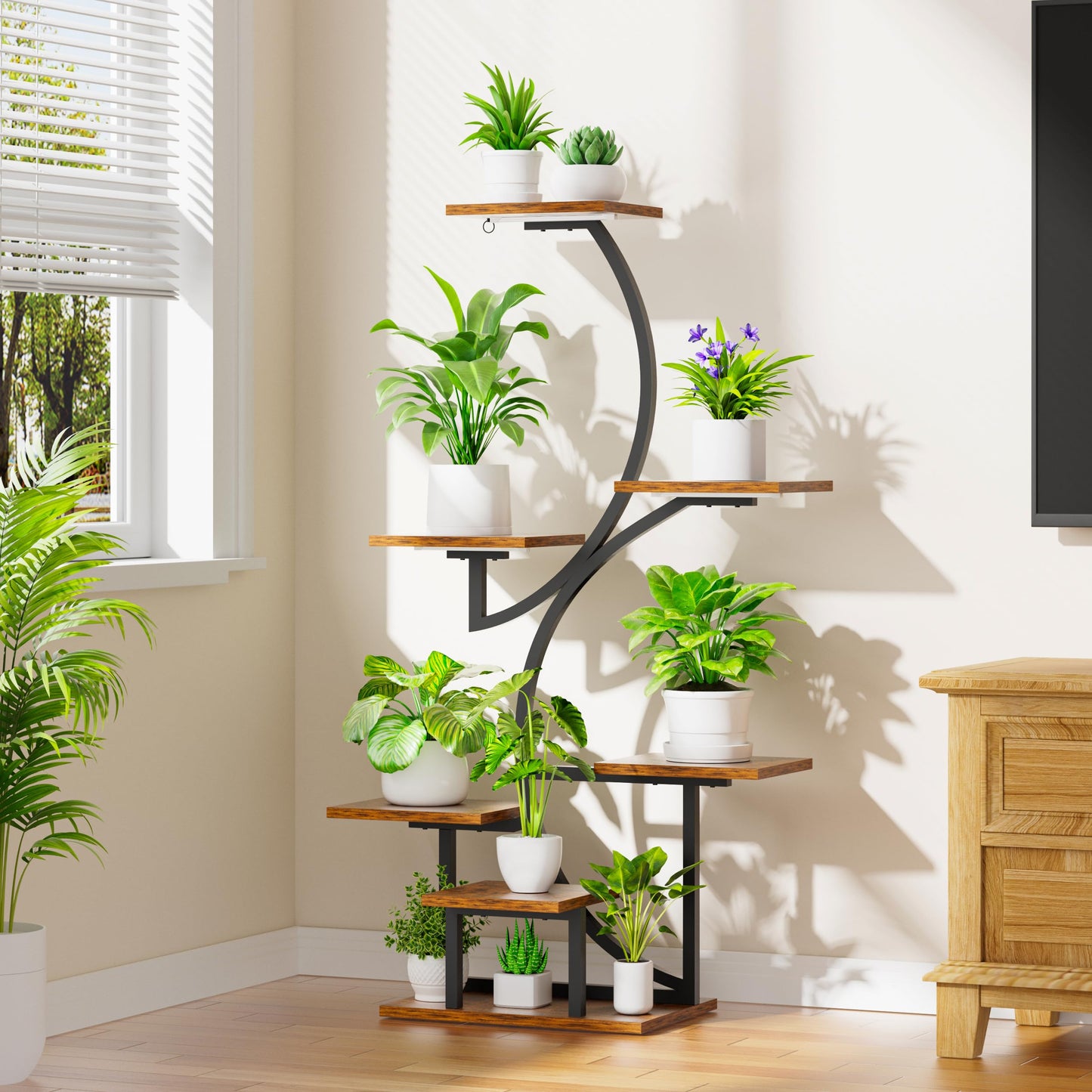 BACEKOLL Plant Stand Indoor with Grow Lights, 7 Tiered Plant Shelf Indoor, 44" Corner Plant Stands for Indoor Plants, Tall Plant Flower Display Shelf, S-Shaped Plant Rack for Home, Living Room, Black