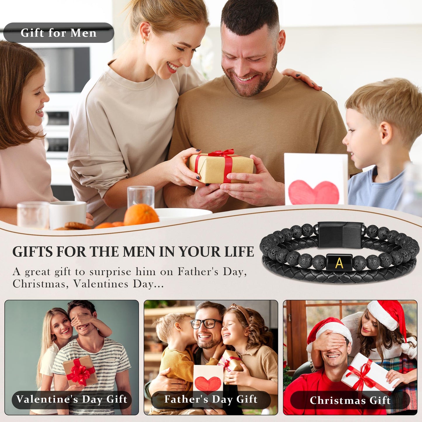 Mens Leather Bracelet with Initial - Men Gift Lava Rock Bead Magnetic Clasp Black Leather Bracelets Mens Gifts Men Bracelets with Initial W Bracelet for Men's Jewelry Men's Gifts for Dad Husband Him