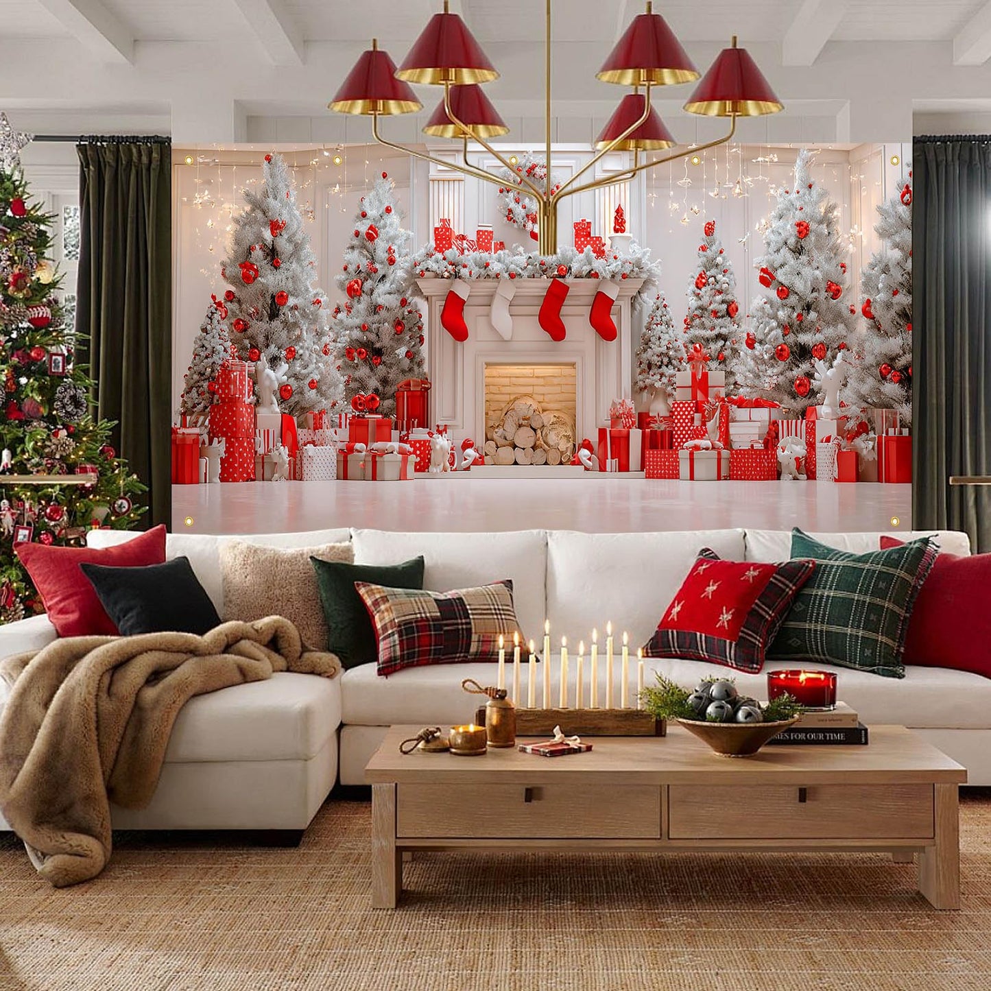 HOMETITUTE Christmas Garage Door Banner 13x6ft Red and White Fireplace Backdrop with Xmas Tree Stockings Gift Boxesand Lights Holiday Yard Wall Setting for Outdoor Party Setting Settingation