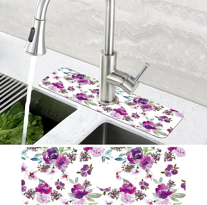 Watercolor Purple Flowers Faucet Absorbing Mat Splash Guard Draining Mat Fast