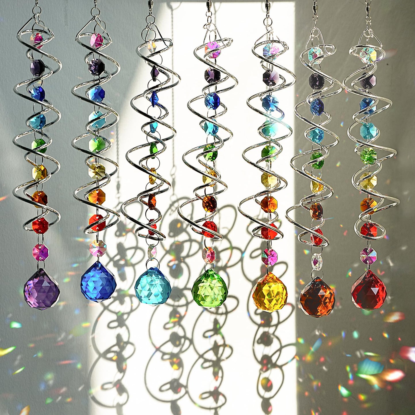 H&D HYALINE & DORA 7 Pack Crystal Suncatchers for Windows Hanging Gazing Ball Spiral Tail Wind Spinners Stainless Steel Hanging with Swivel Hook for Yard and Garden Indoor Home Decor
