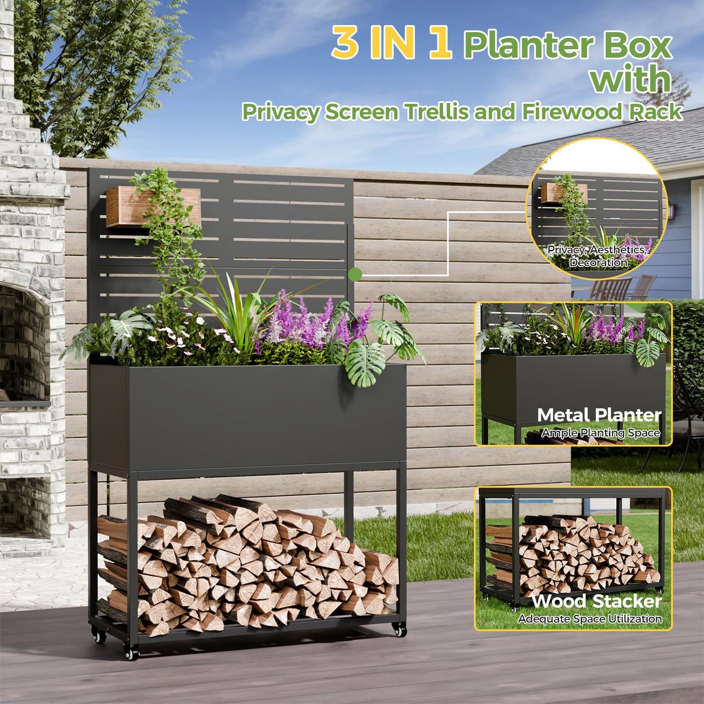 Metal Planter Box with Trellis, 3 in 1 Raised Garden Bed with Trelli & Firewood Rack, Privacy Planter Screen for Climbing Plants, Vine, Outdoor Garden Standing Beds with Drainage Holes, Wheels,Black