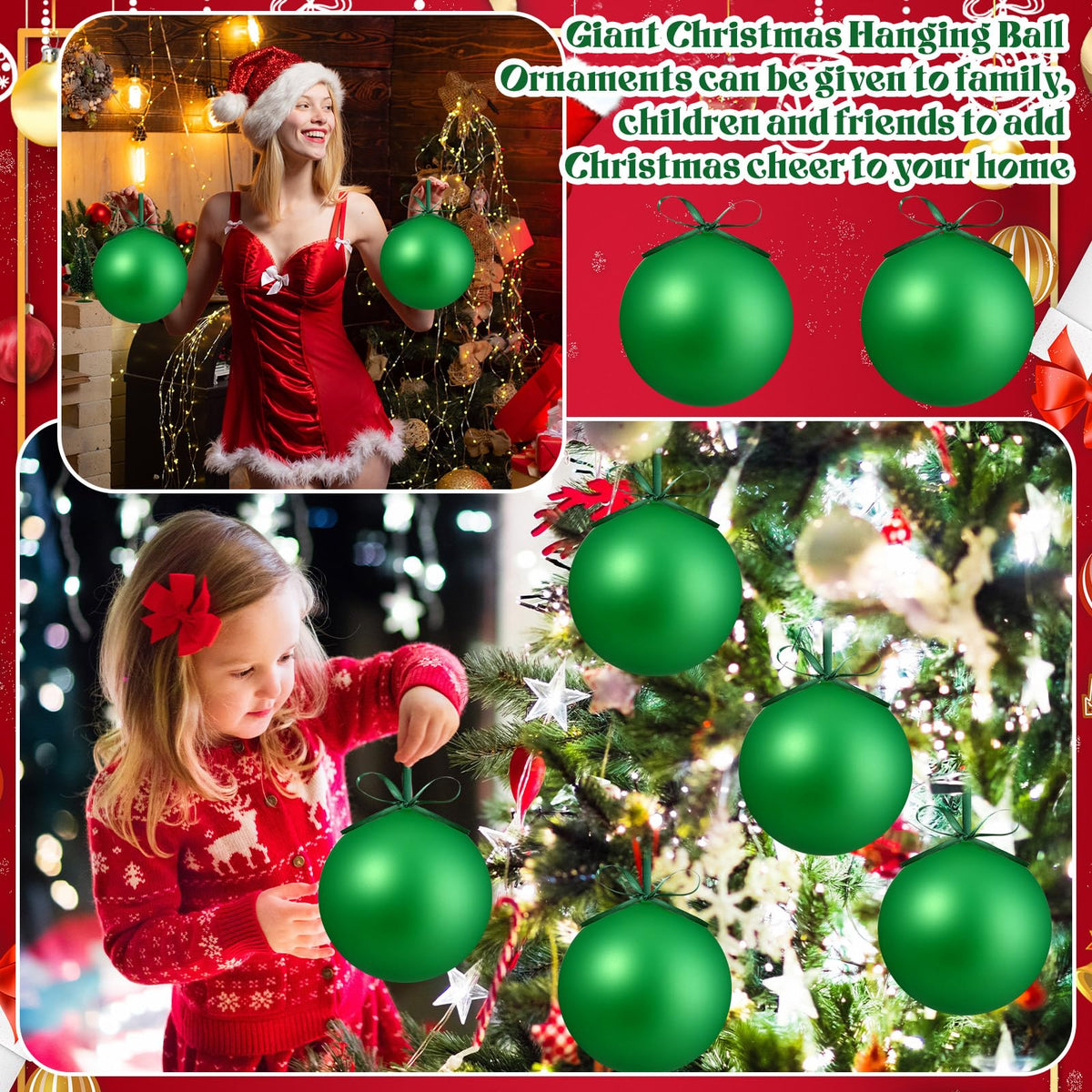 Zubebe 2 Pcs 8" Giant Fillable Christmas Ornaments with Ribbons Oversized Plastic Xmas Balls for Outdoor Lawn Yard Decor, Tree Hanging, Holiday Gifts(Matte Green)