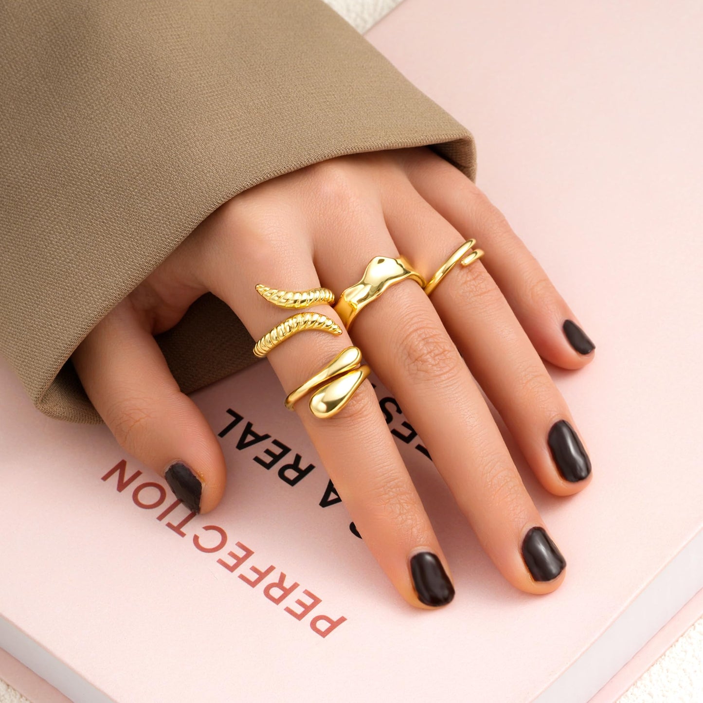 FAXHION 12PCS Gold Stackable Rings Set for Women, 18K Gold Plated Open Stacking Knuckle Ring, Adjustable Chunky Signet Band Statement Ring for Gift