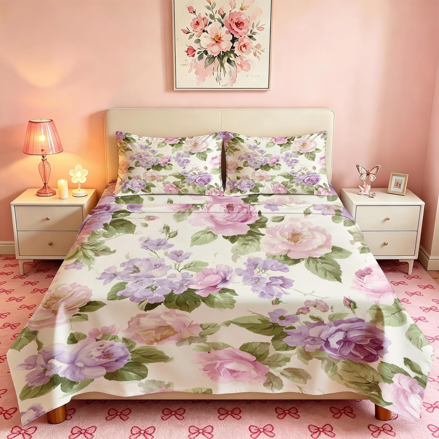 Purple Peony Queen Sheet Set 4 Pcs Watercolor Flowers Bed Sheets