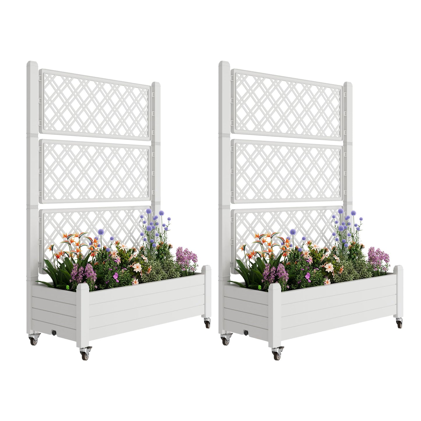 Fancyango Raised Garden Bed with Trellis and Wheels, Resin Planter Box with Trellis with Drainage Holes & Water Monitor, Privacy Planters for Patio for Climbing Plants, Ashen(2 Pack)