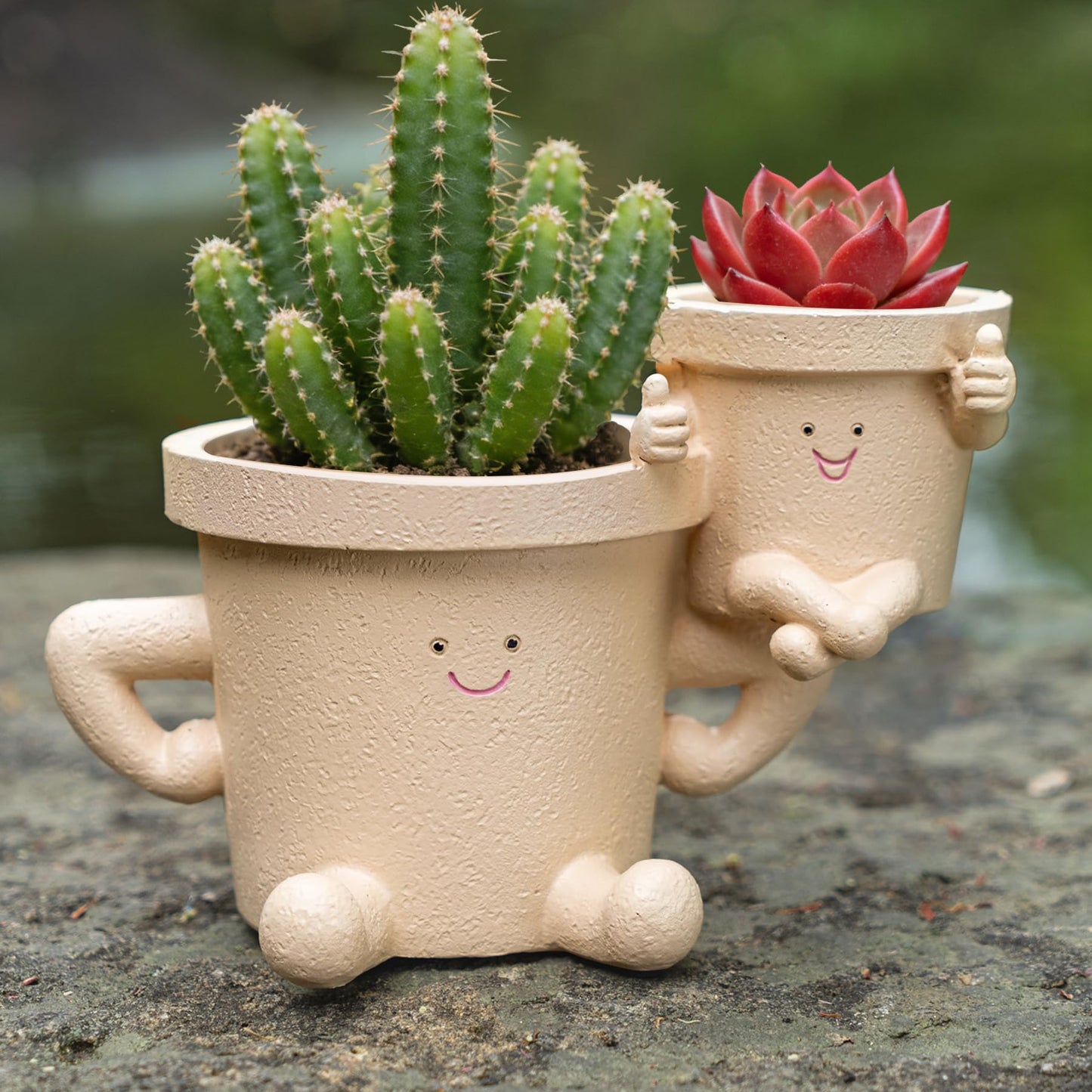 RZOIKZOI Funny Smiley Face Planter with Drainage Hole,Cute Thumbs Up Succulent Pots for Indoor/Outdoor Plants,2-in-1 Unique Novelty Flower Pot, Plant Gifts for Mother's Day, Birthday, Christmas(Khaki)