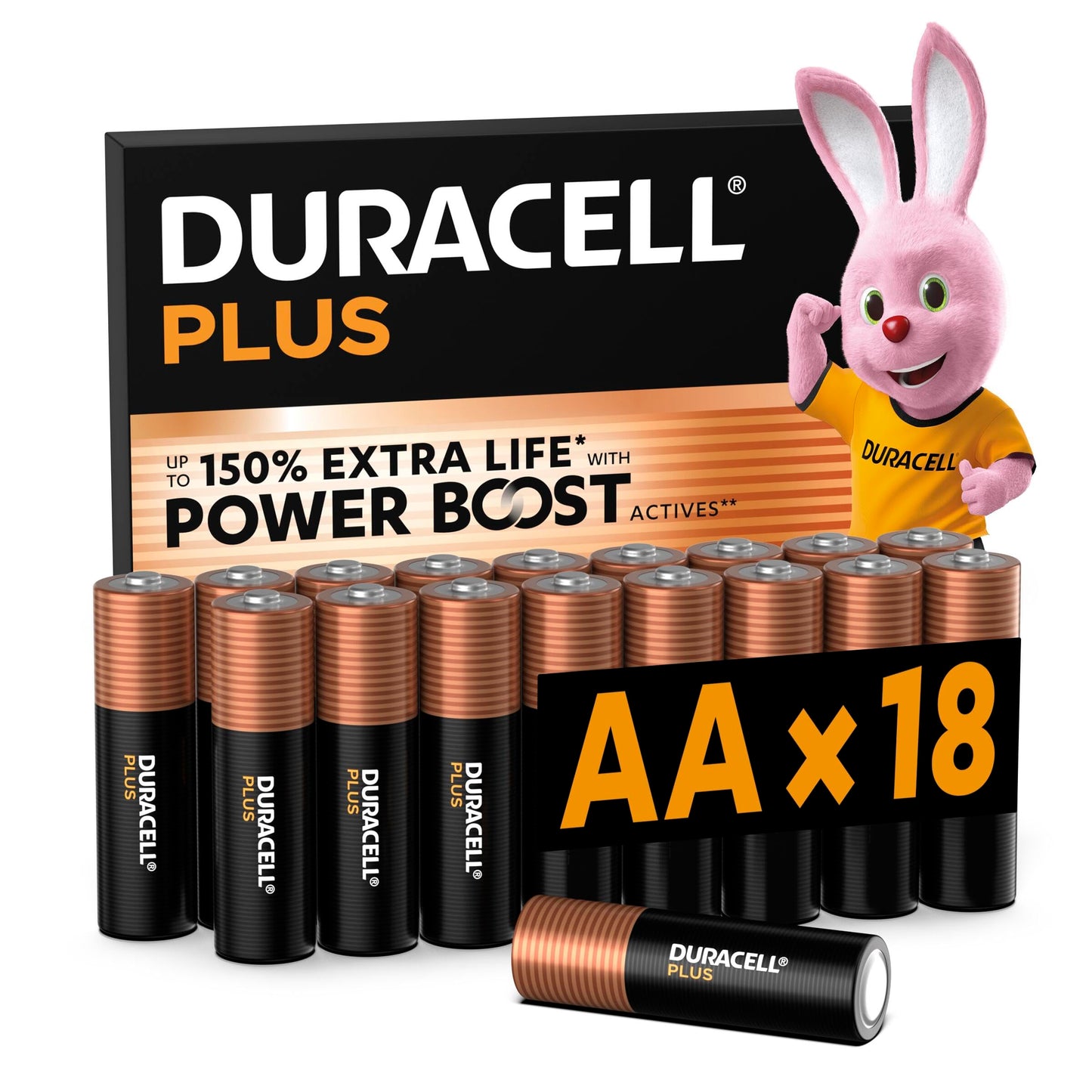 DURACELL Plus AA Batteries (18 Pack) – Alkaline Batteries 1.5V – Up to 150% Extra Life with POWER BOOST Actives– Reliability For Everyday Devices – 0% Plastic Packaging – 10-Year Storage - MN1500