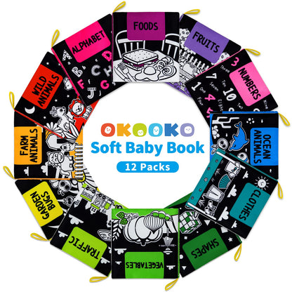 OKOOKO Soft Baby Books Black and White High Contrast 12PCS Soft Cloth Books Bath Books Crinkle Washable Non-Toxic Early Education Preschool Learning Toy for Newborns Babies Infants Toddlers Kids