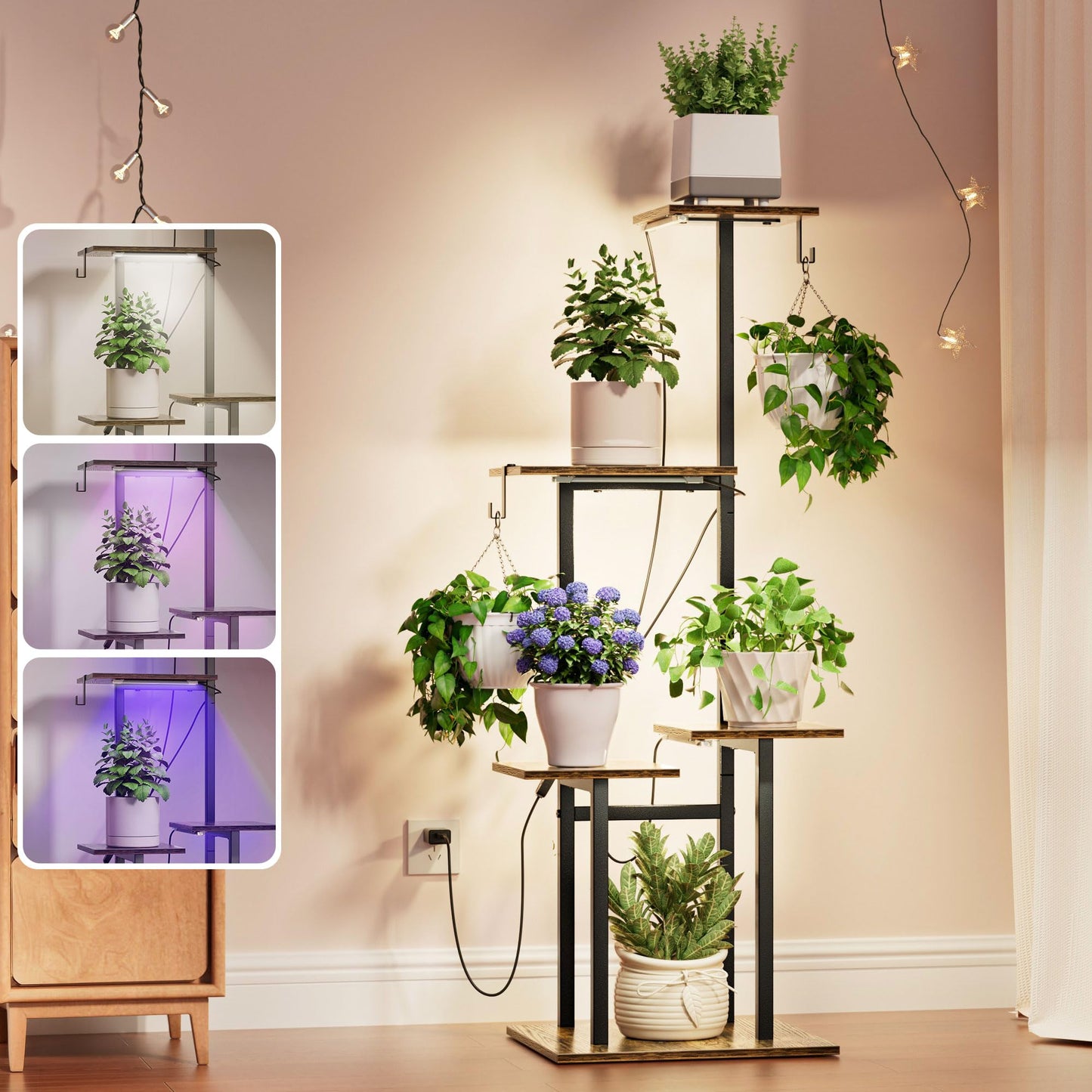 unlumm Plant Stand Indoor with Grow Lights, 46" Metal Corner Plant Shelf with 3 LED Lights, 2 Hanging Hooks, 5-Tiered Tall Plant Flower Holders for Living Room, Garden, Patio (Black Brown)