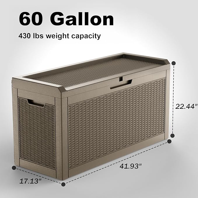 DRATO 60 Gallon Deck Box, Waterproof Resin Large Outdoor Storgae Box for Patio Furniture, Patio Cushions, Gardening Tools, Pool Supplies, Lockable（Gray，60 Gallon）