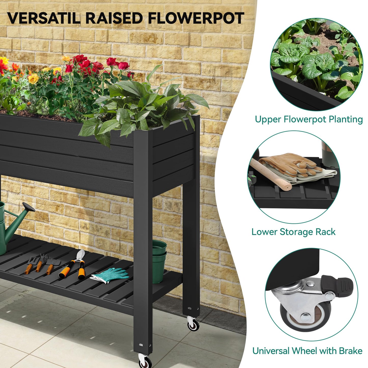 YITAHOME 43.3x17.7x34 in Elevated Garden Bed, Outdoor Plastic Planter Box with Wheels, Legs, Drain Plug, and Storage Shelf for Plants, Vegetables, Flowers, Herbs, Black