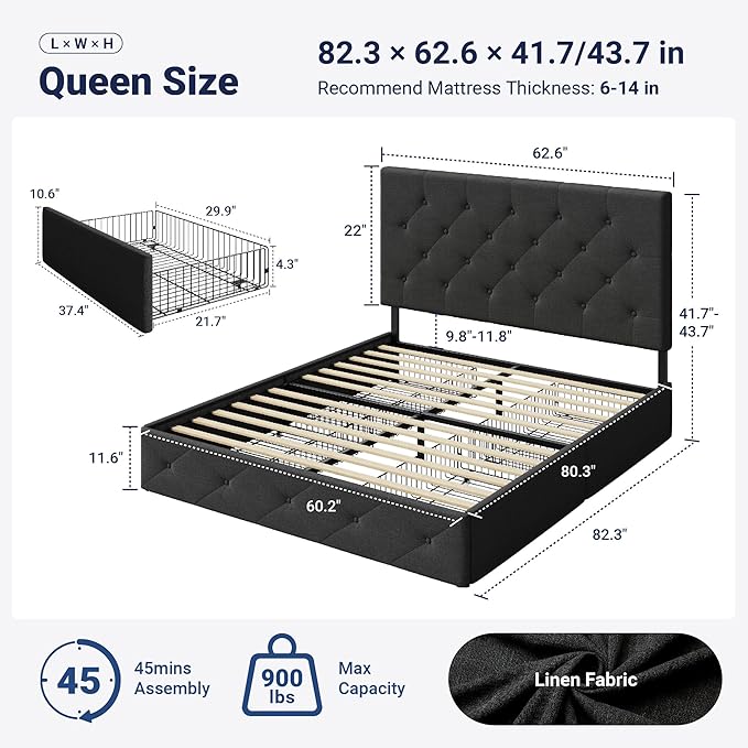 Allewie Upholstered Queen Size Platform Bed Frame