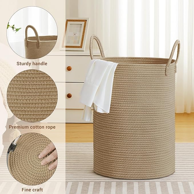 Tall Laundry Basket with Handles, 72L Portable Dirty Clothes Hamper, Boho