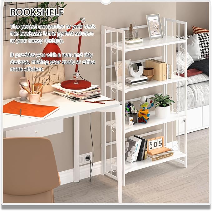 4NM No Assembly 4 Tiers Folding Bookshelf, 47.2" H Foldable Storage Shelves