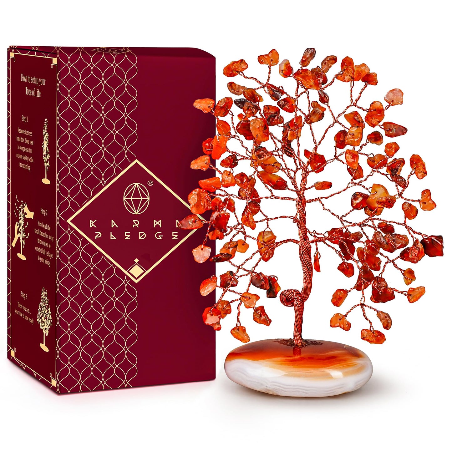KARMAPLEDGE Crystal Tree of Life Home and Office Feng Shui Decor, Carnelian Healing Crystal Handmade Bonsai Tree for Positive Energy, Good Luck, Money, Christmas Decor, Birthday Gifts for Women, Mom