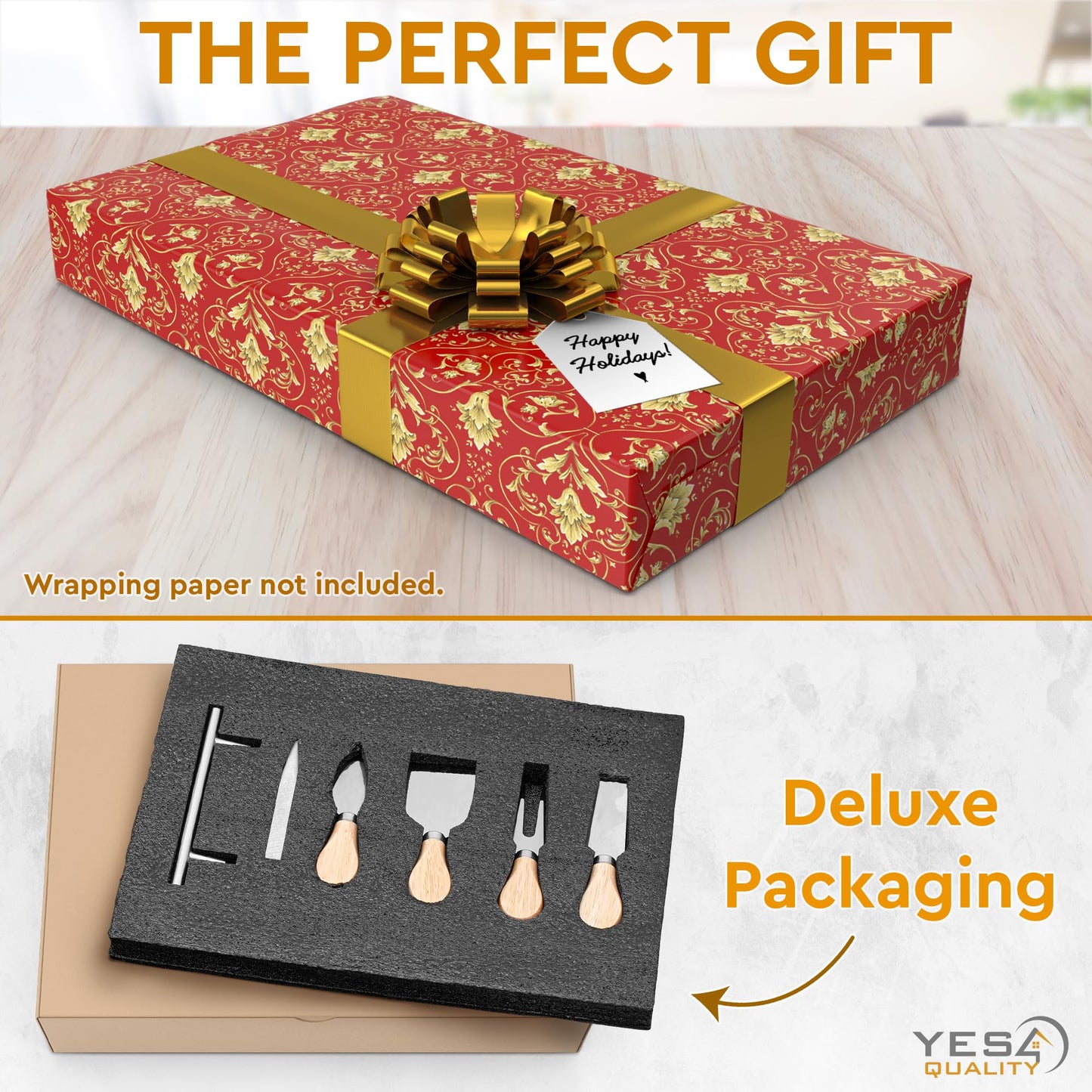 Slate Cheese Board Set w/Easy Carry Handles (14” x 10”, Black) Natural Stone Slate Tray for Appetizer Serving; Full Deluxe Cheeseboard Platter w/ 3 Knives, 1 Fork & 2 Soapstone Chalks by Yes4Quality