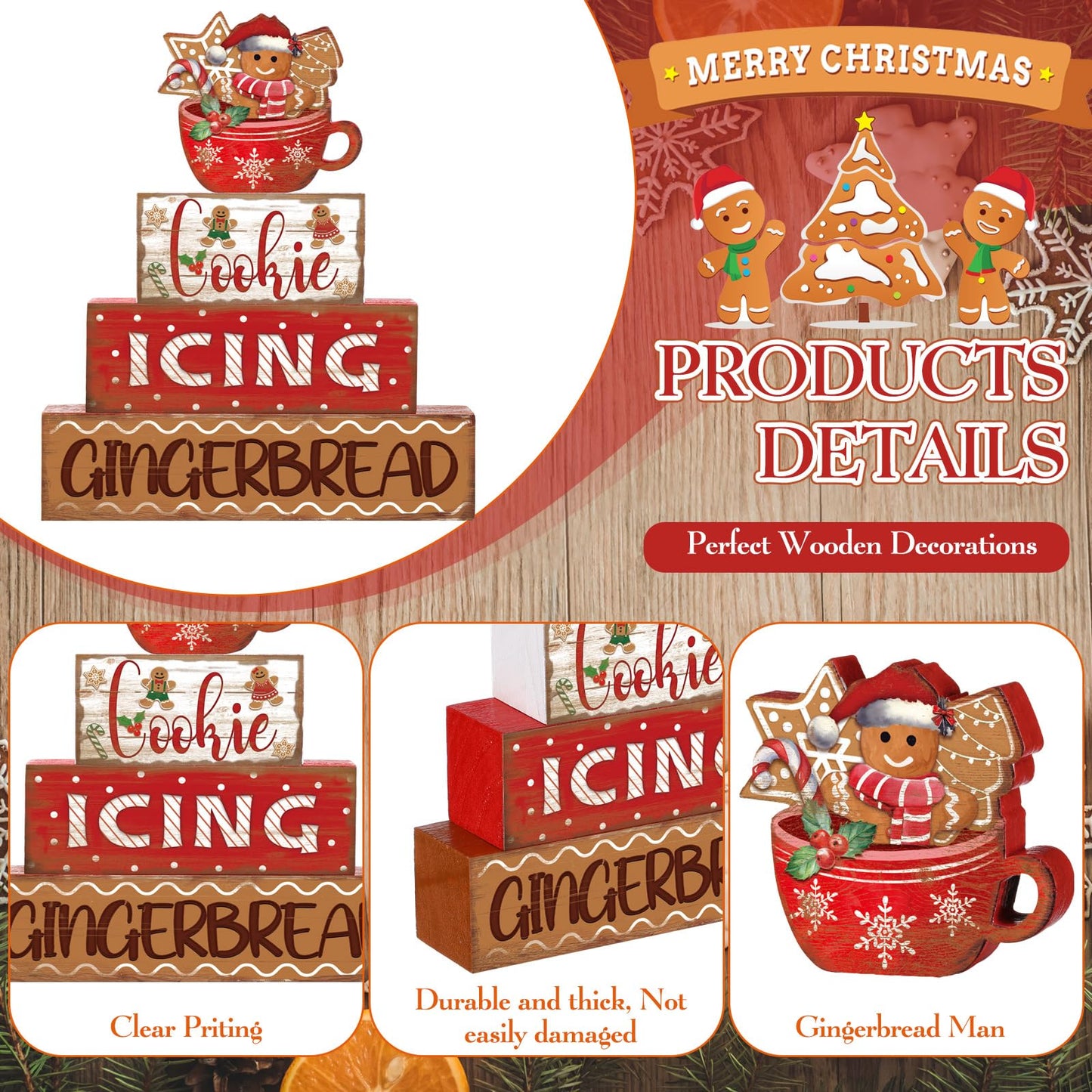 Moucuny 4 Pcs Christmas Gingerbread Man Table Sign Christmas Cup Wooden Decorative Signage Xmas tiered Tray Decor Winter Centerpieces Farmhouse Wooden Block Set Xmas Table Sign for Home