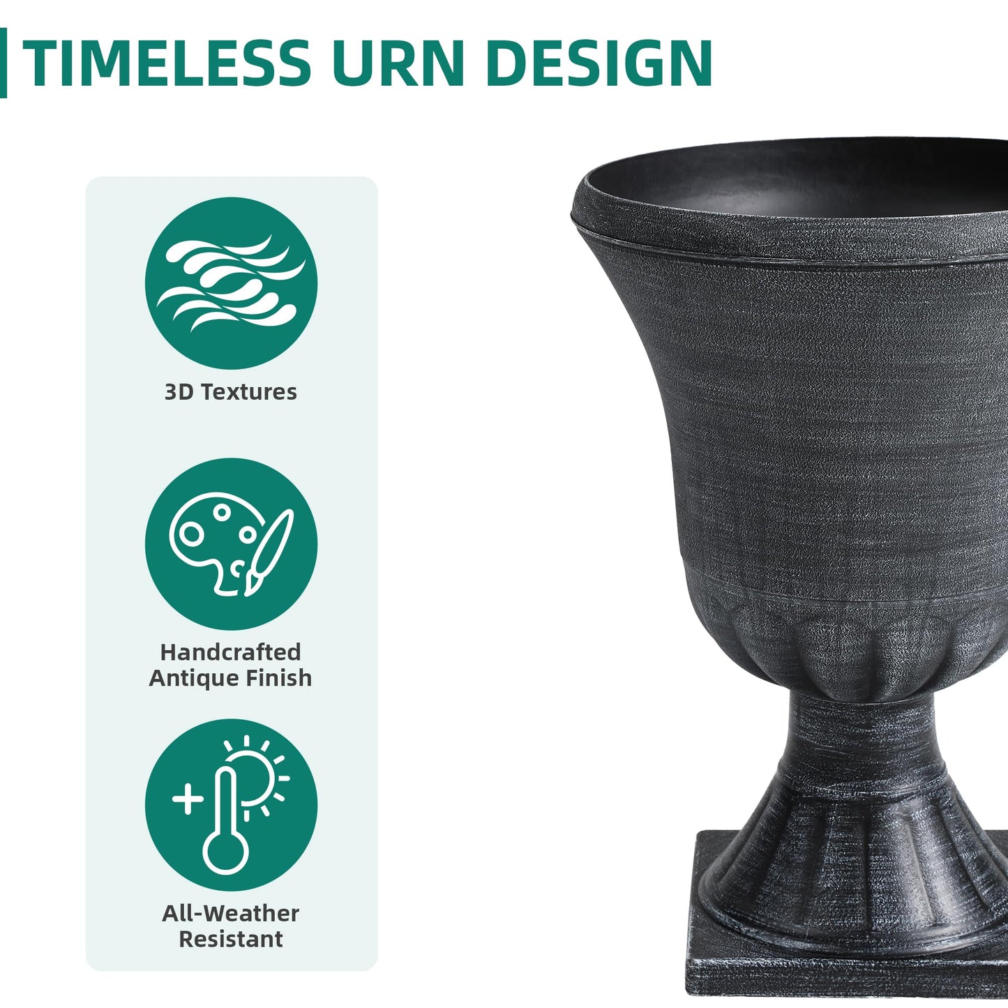 Autodaya 22" Tall Plastic Urn Planters Set of 2, 3D Textured Washed Black Finish Pedestal Plant Pots, Weather-Resistant Large Flower Pots for Front Porch, Patio, Garden & Indoor Use