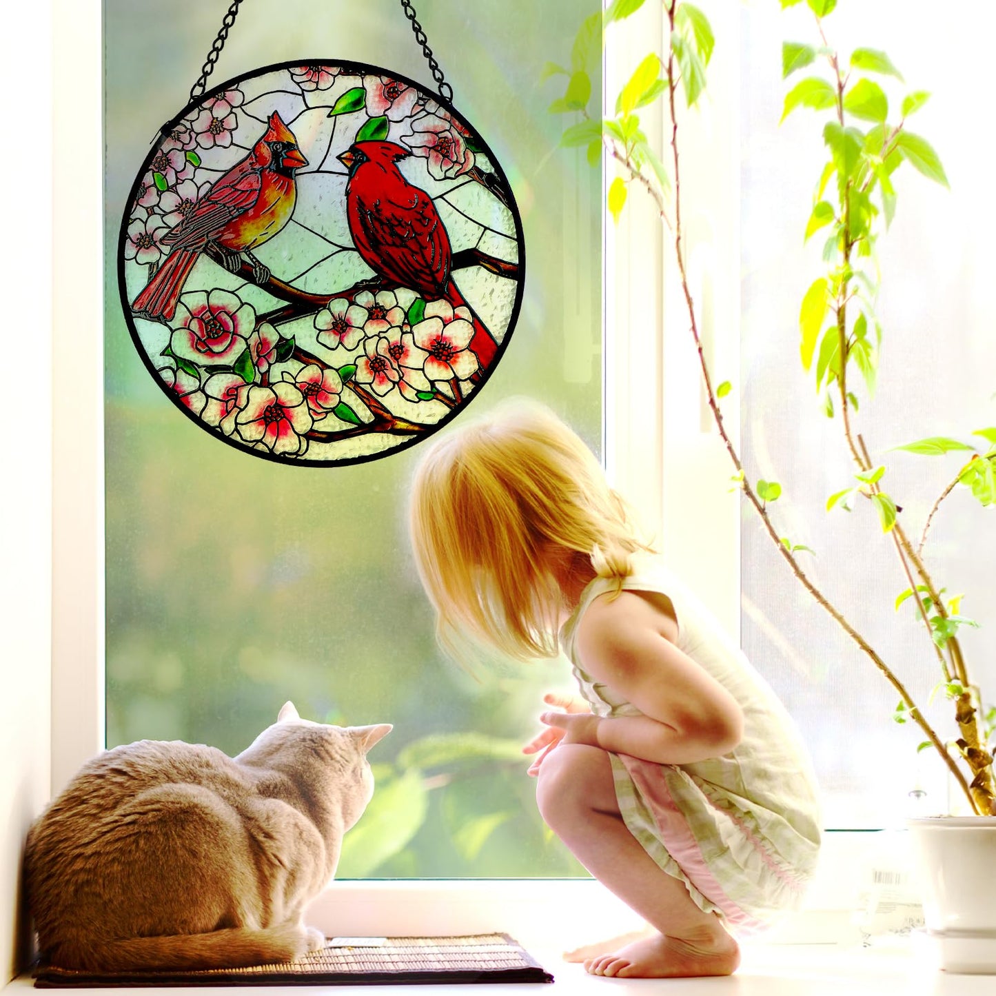 Remiawy Cardinal Stained Glass Window Hanging, 10 Inch Sun Catcher Glass Panel with Metal Chain and Hooks Suncatcher Indoor Window Wall Art Home Decor Gift for Bird Lovers Women Mother's Day Christmas