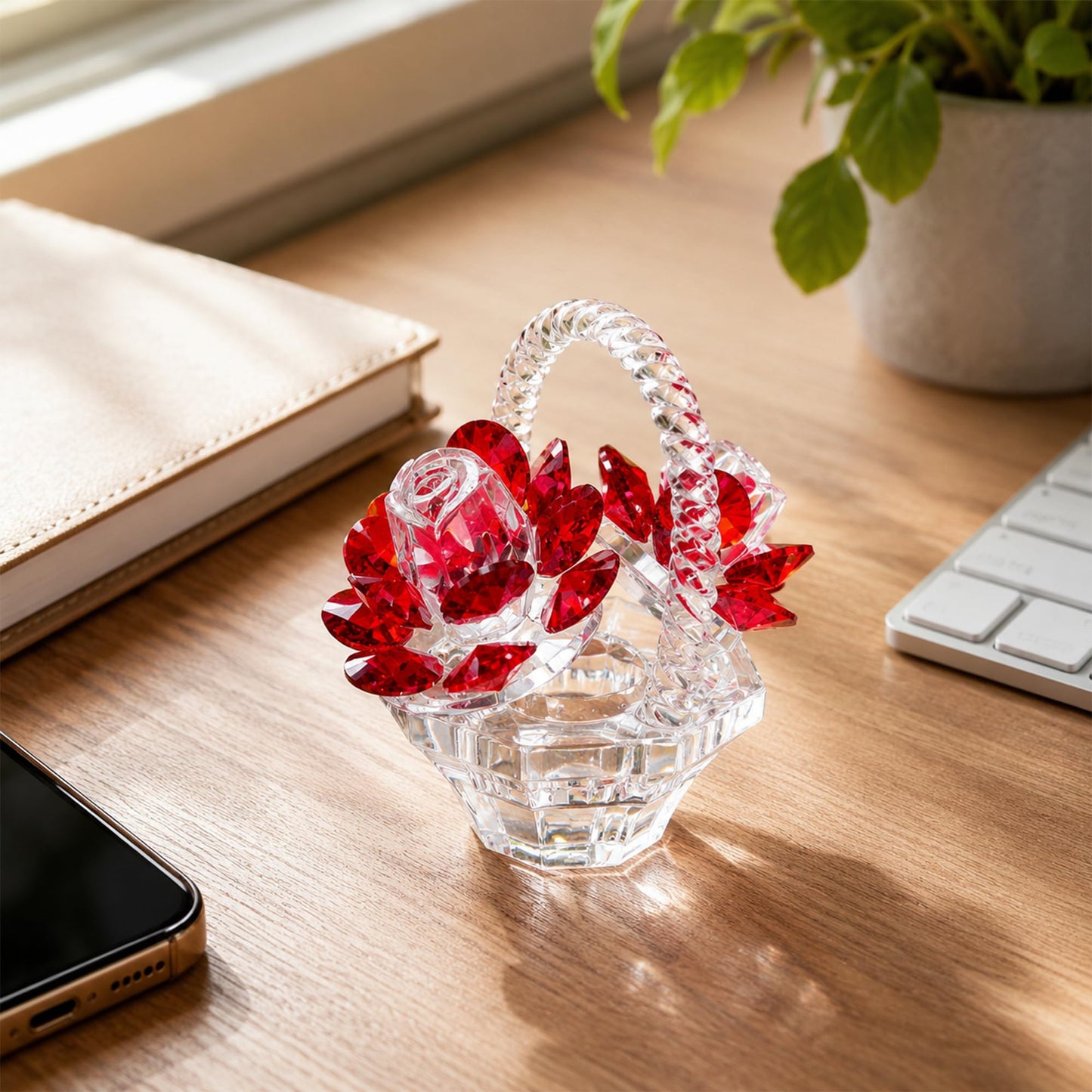 H&D HYALINE & DORA Crystal Red Rose Flower Basket Crystal Collectible Figurines Ornaments for Home Decor Table Centerpiece