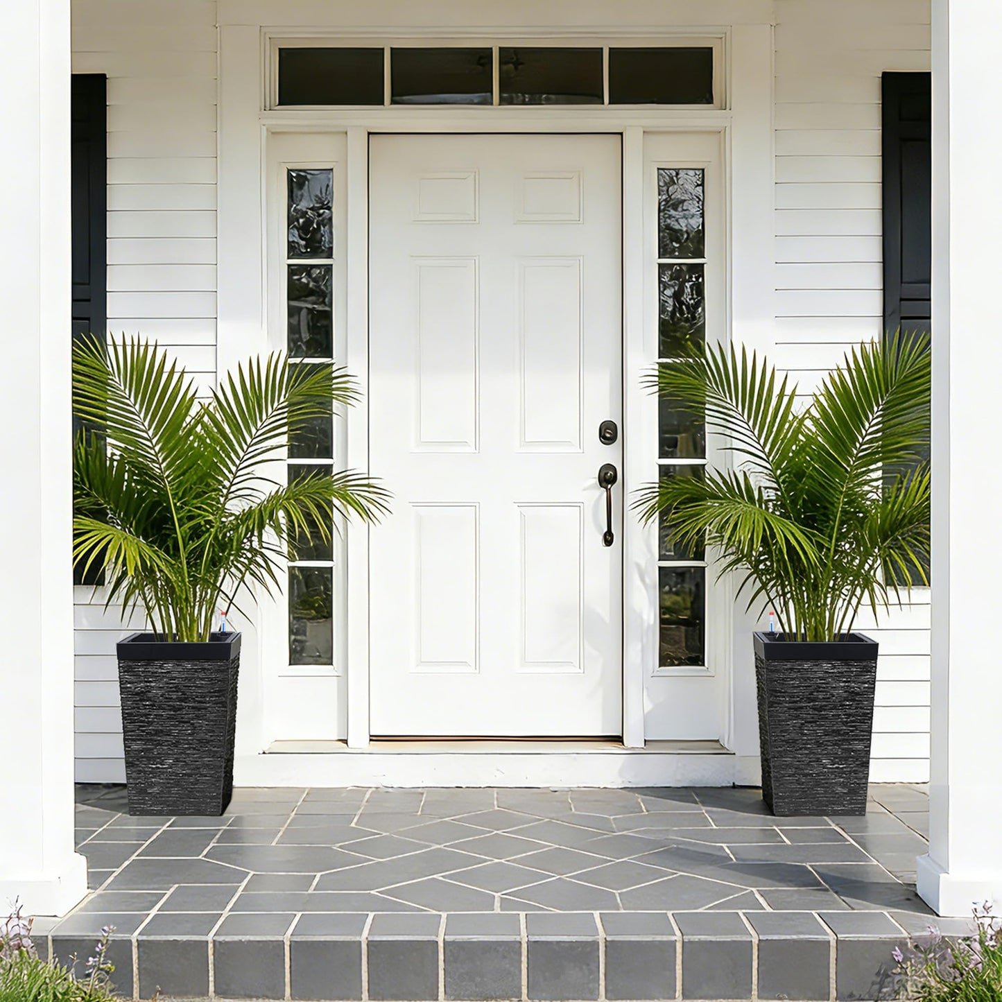 Garvee 16" Tall Planters Set of 2, Self Watering Tall Planters, Outdoor＆Indoor Planter Pots, High Front Porch Planters Pots with Drainage Holes＆Water Level Monitor, Black