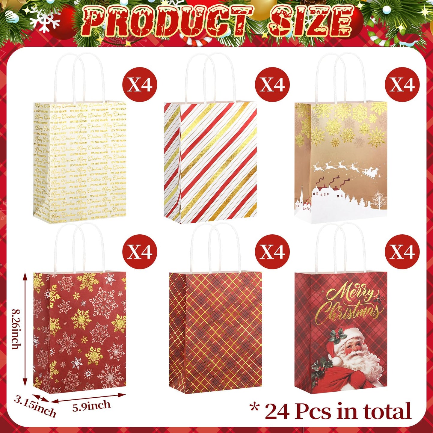 24 Pcs Christmas Gold Foil Gift Bags with Handles, 6 Assorted Xmas Designs, 8.3 x 6 x 3.5'' Holiday Kraft Paper Red and Gold Gift Bags for Christmas New Year Winter Party Favor, Goody Treat Wrapping