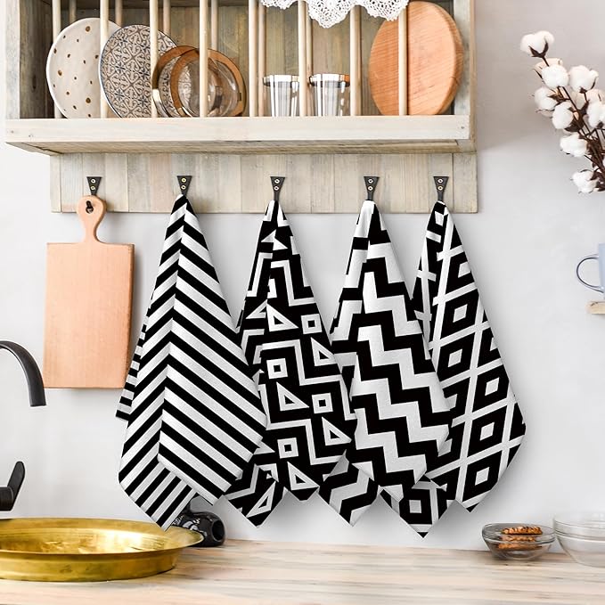White Black Kitchen Towels Decorative Set of 4, Soft Absorbent Abstract Modern