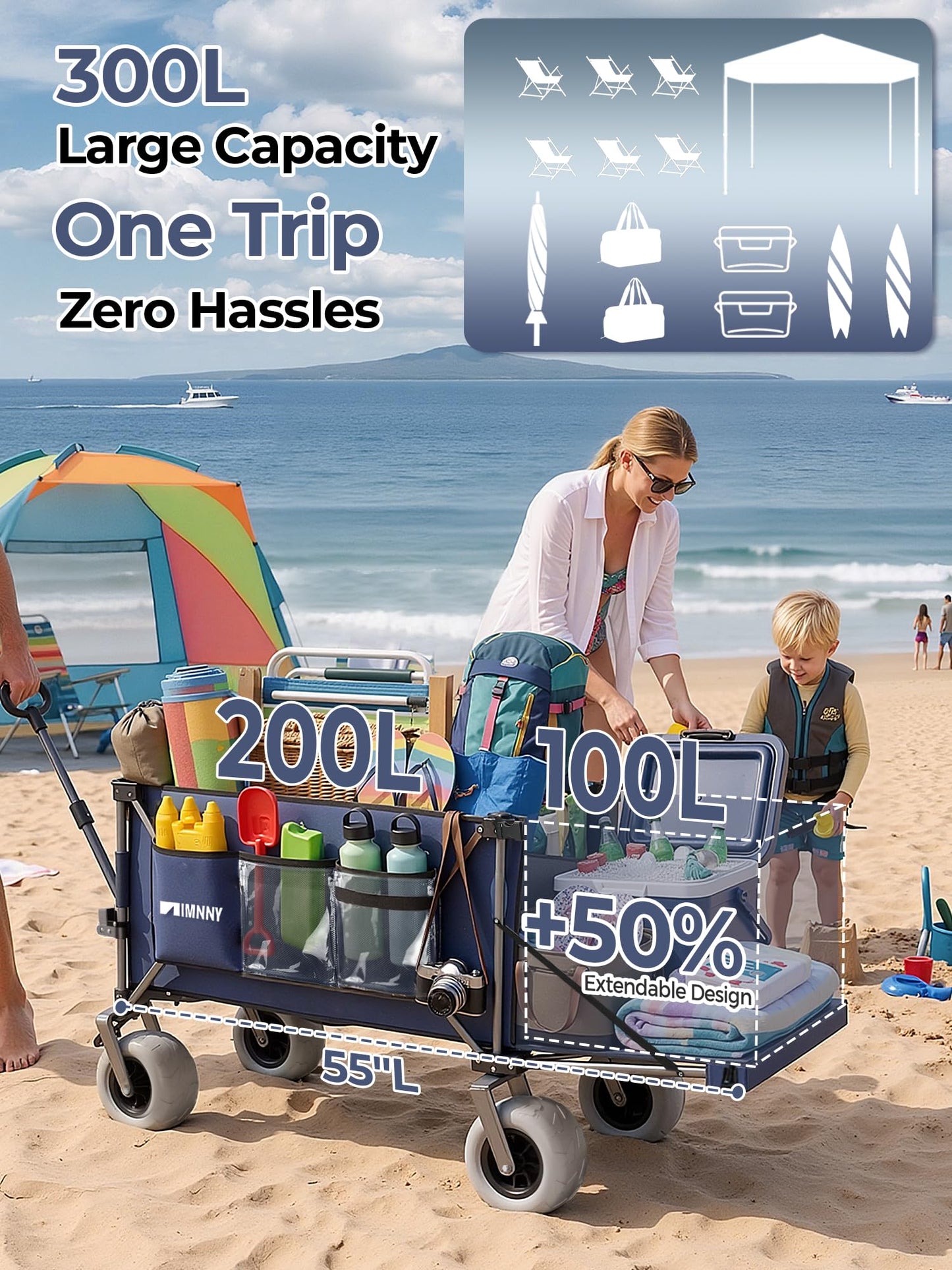 Aimnny Beach Wagon with Big Wheels for Sand, 9"x4" All-Terrain with Brakes, 300L Capacity Beach Cart with 55" Expandable Tailgate, Heavy Duty Collapsible Wagon for Camping Outdoor (Blue)