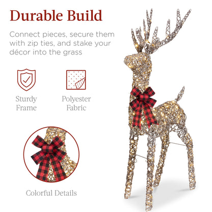 Best Choice Products Lighted Christmas 4ft Reindeer & Sleigh Holiday Outdoor Yard Decoration Set w/ 205 LED Lights, Stakes, Zip Ties - Rattan
