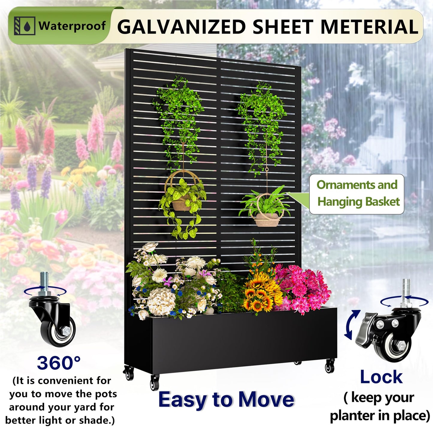 Metal Planter Box with Trellis,72"x47"x16"Galvanized Steel Outdoor Raised Garden Bed with Privacy Screen,with Drainage Holes & Lockable Casters for Climbing Plants,Vegetables,and Vines(Black-BYC)