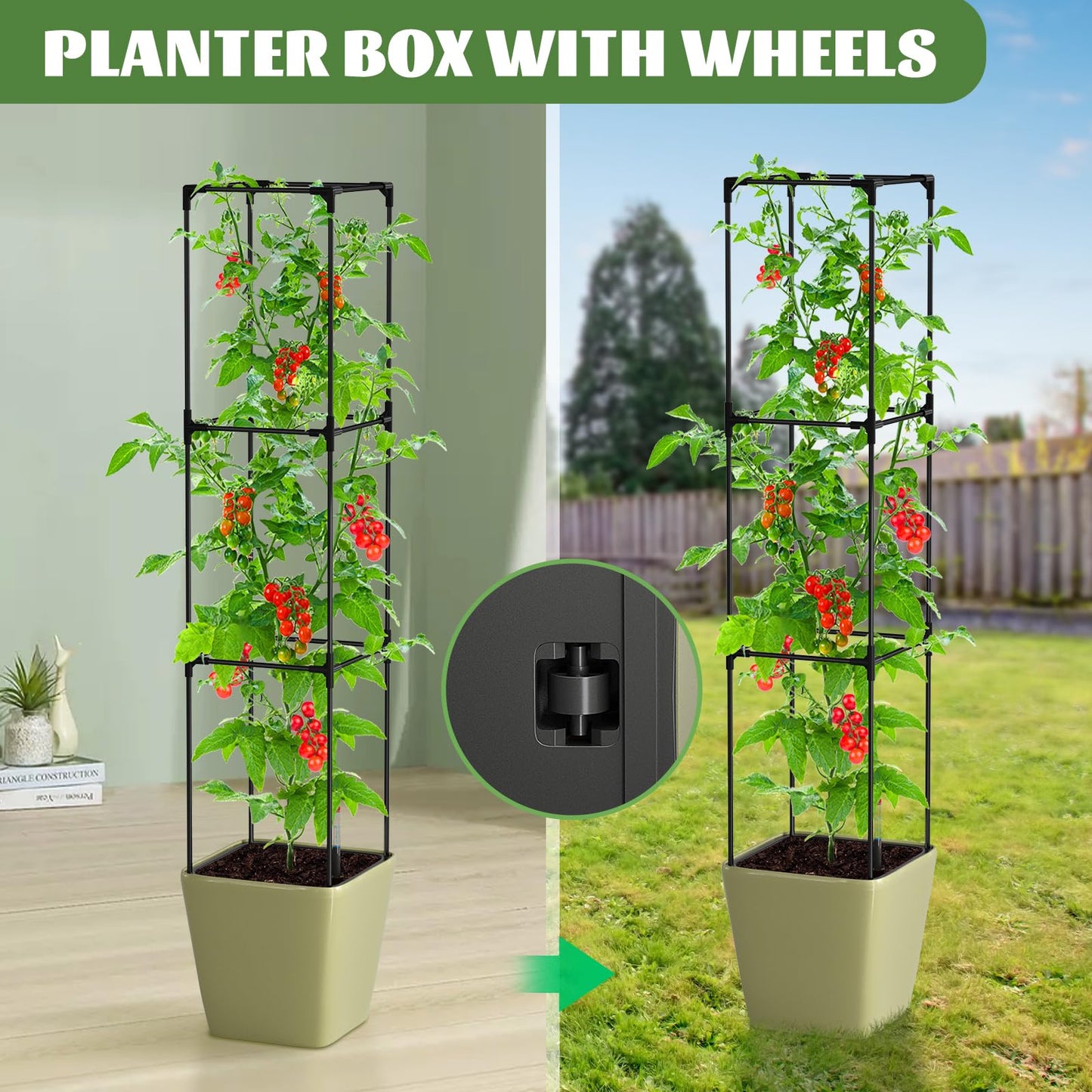 UrGROWA Tomato Planter Box with Trellis, Self Watering Rolling Raised Garden Bed with Water Level Monitor for Climbing Vegetables Plants Cage, Garden Planters Plant Pots for Plants Flowers Decor