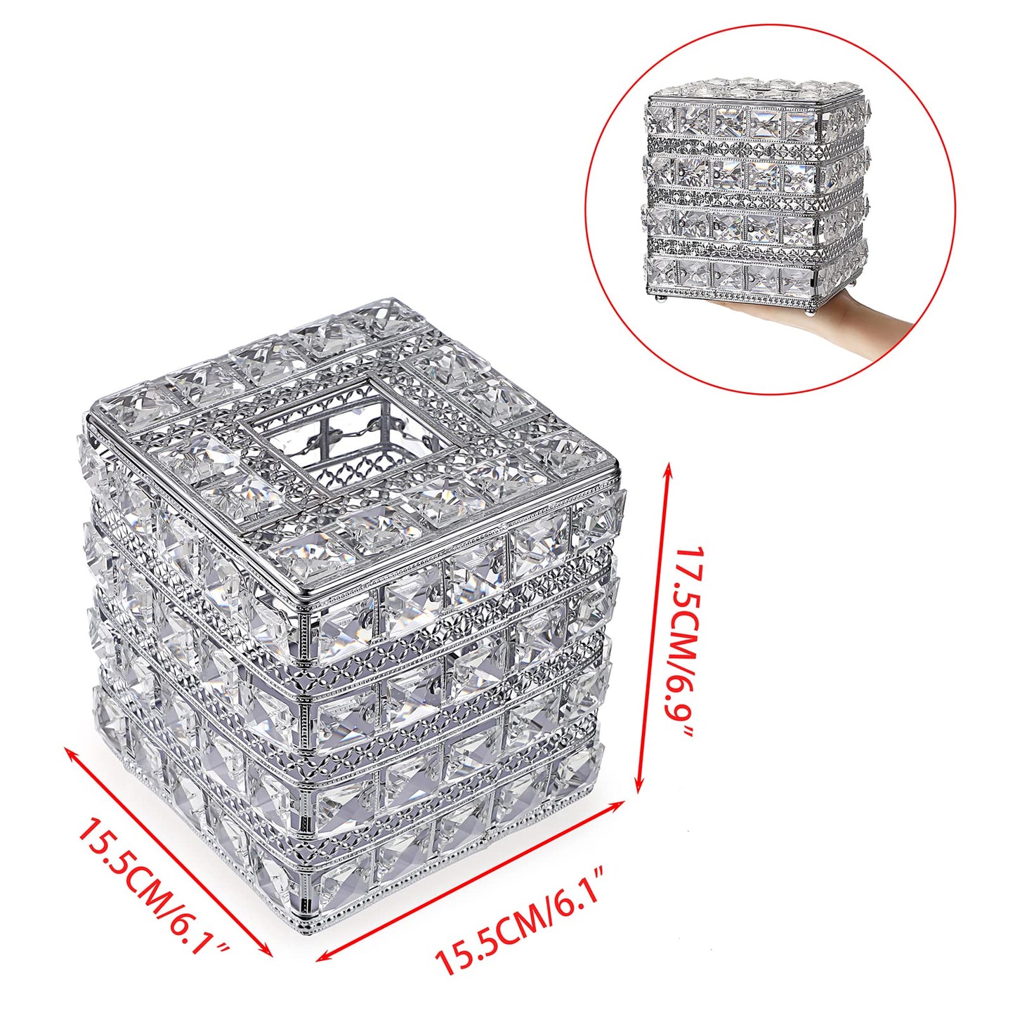 Sumnacon Crystal Square Tissue Box Cover - Sparkling Cube Glass Tissue Box Holder, Decorative Facial Tissue Holder for Bedroom Bathroom Dresser Night Stand Table Countertop Home Decor, Silver