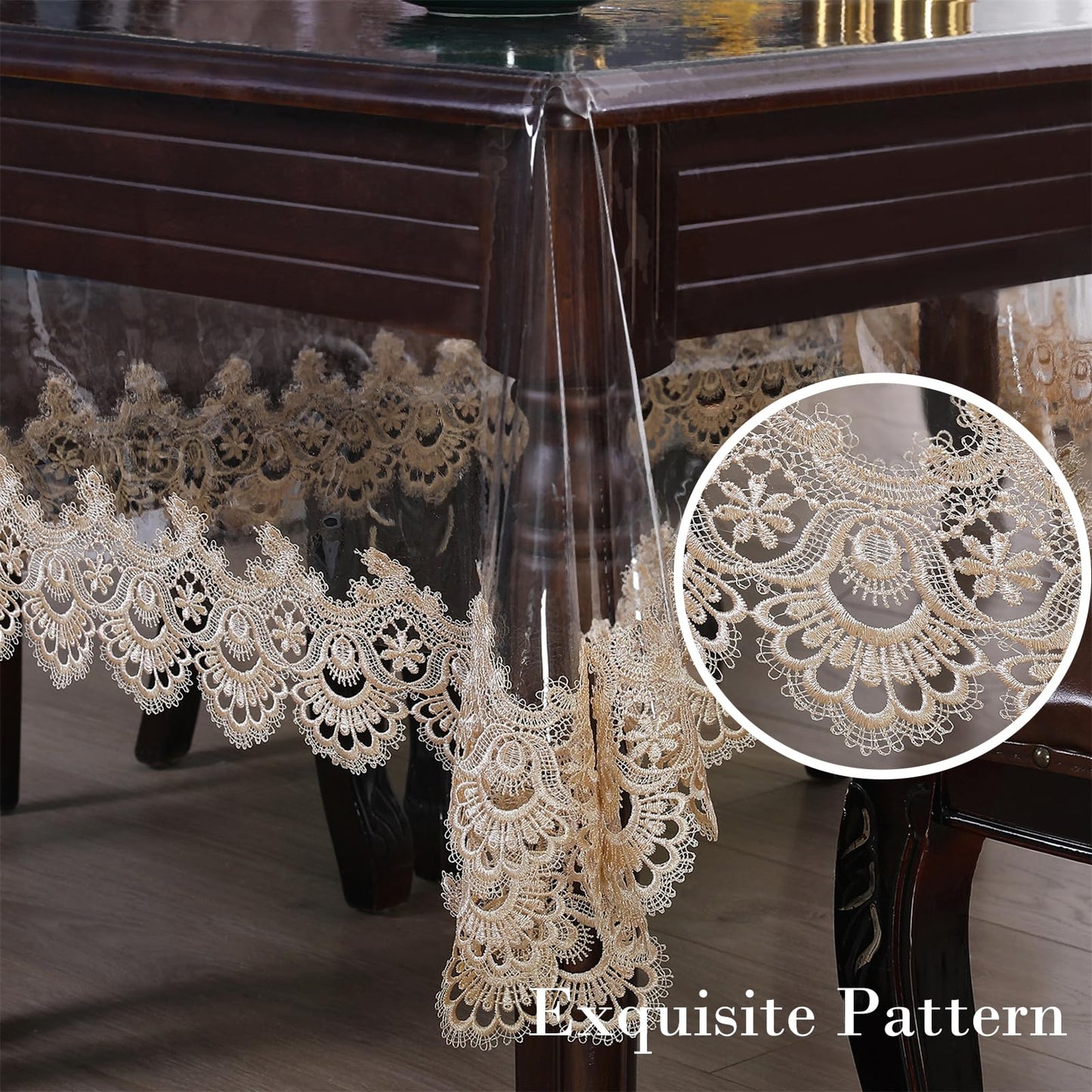 Clear Plastic Rectangle Tablecloth Vinyl Waterproof Table Cloth Embroidered Lace Edge Transparent Table Cover for Dining Kitchen Outdoor(52 x 70 inch, Coffee Style 3)