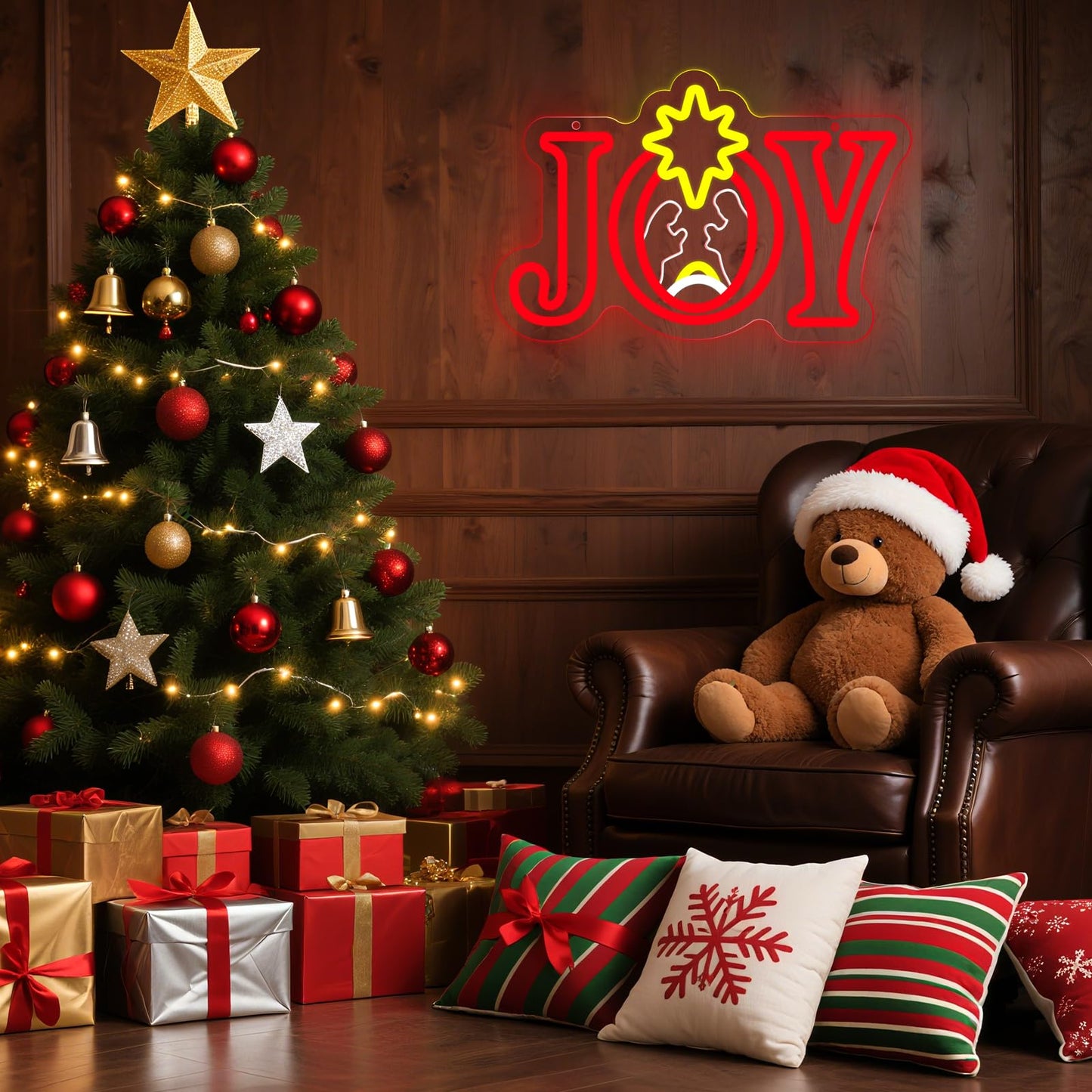 InnovTools Christmas Neon Sign, LED Joy Religious Neon Light, Dimmable Joy Nativity Scene Light up Christmas Sign for Window Decor, Xmas Lamp for Home Bedroom Wall Tree Hanging Decorations